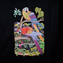 Load image into Gallery viewer, Embroidered Tropical Bird Black Denim Jacket XL