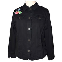 Load image into Gallery viewer, Embroidered Tropical Bird Black Denim Jacket XL