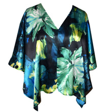 Load image into Gallery viewer, Shimmery Blue Floral Print Silk Charmeuse Poncho