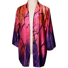 Load image into Gallery viewer, Beautiful Silk Charmeuse Kimono Jacket in Printed Pattern of Purple/Pink/Coral