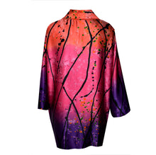Load image into Gallery viewer, Beautiful Silk Charmeuse Kimono Jacket in Printed Pattern of Purple/Pink/Coral
