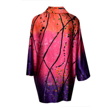 Load image into Gallery viewer, Beautiful Silk Charmeuse Kimono Jacket in Printed Pattern of Purple/Pink/Coral