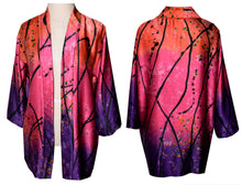 Load image into Gallery viewer, Beautiful Silk Charmeuse Kimono Jacket in Printed Pattern of Purple/Pink/Coral