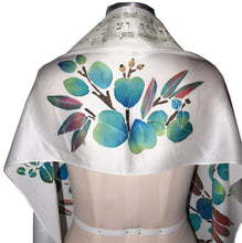 Load image into Gallery viewer, Blue Green Eucalyptus on White Handpainted Silk Tallit Prayer Shawl