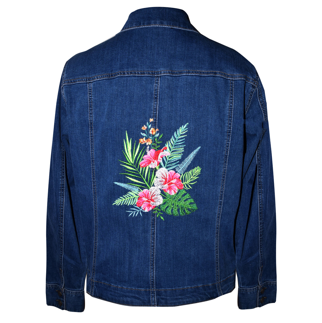 Beautiful Embroidered Tropical Flowers Denim Jeans Jacket XL