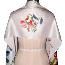 Load image into Gallery viewer, Exquisite Handpainted Fuschia and Sweet Pea Floral Silk Scarf/Wrap
