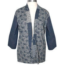 Load image into Gallery viewer, Handcrafted Indigo Print Cotton Kimono Jacket with Contrast Patchwork Neckband