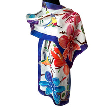 Load image into Gallery viewer, Handpainted Floral and Hummingbird Royal Blue Border Jacquard Silk Scarf
