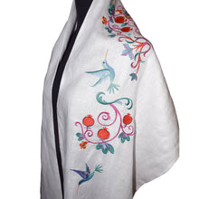 Load image into Gallery viewer, Pomegranate and Birds Machine Embroidered Linen Tallit Prayer Shawl