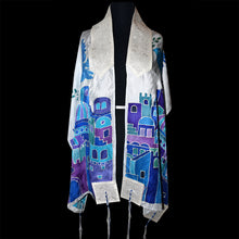 Load image into Gallery viewer, Limoge Blue Jerusalem Theme Silk Tallit Prayer Shawl