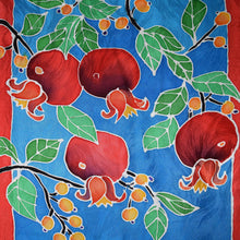 Load image into Gallery viewer, Pomegranates on Blue Jacquard Silk Wrap
