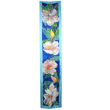 Load image into Gallery viewer, Handpainted Magnolia on Blue Jacquard Silk Scarf
