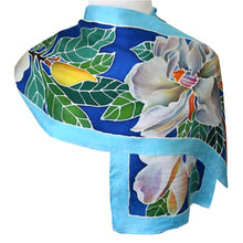 Load image into Gallery viewer, Handpainted Magnolia on Blue Jacquard Silk Scarf
