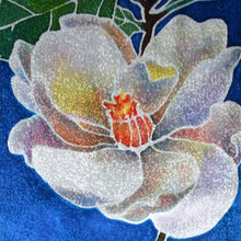 Load image into Gallery viewer, Handpainted Magnolia on Blue Jacquard Silk Scarf