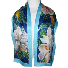 Load image into Gallery viewer, Handpainted Magnolia on Blue Jacquard Silk Scarf
