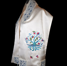 Load image into Gallery viewer, One of a Kind Embroidered Floral Tree of Life Charmeuse Silk Tallit Prayer Shawl