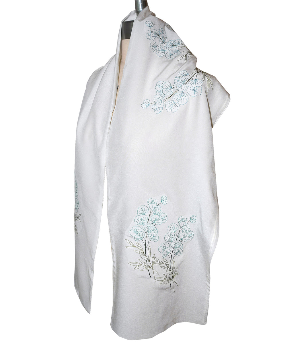 Elegant Eucalyptus  Embroidery on White Crepe de Chine Silk Scarf/Wrap