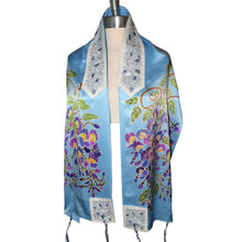 Load image into Gallery viewer, Wisteria on Blue Charmeuse Silk Tallit Prayer Shawl