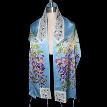 Load image into Gallery viewer, Wisteria on Blue Charmeuse Silk Tallit Prayer Shawl