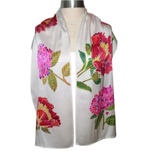 Load image into Gallery viewer, One of a Kind Handpainted Hydrangea and Peony Charmeuse Silk Scarf/Shawl
