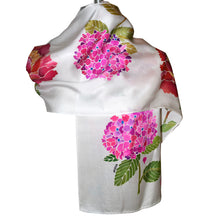 Load image into Gallery viewer, One of a Kind Handpainted Hydrangea and Peony Charmeuse Silk Scarf/Shawl