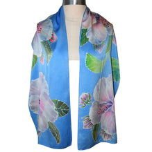 Load image into Gallery viewer, Luxurious Handpainted Hibiscus Floral Charmeuse Silk Scarf/Shawl