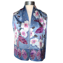 Load image into Gallery viewer, One of a Kind Handpainted Floral on Blue Gray and Plum Charmeuse Silk Scarf