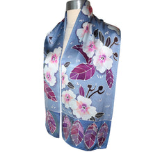 Load image into Gallery viewer, One of a Kind Handpainted Floral on Blue Gray and Plum Charmeuse Silk Scarf