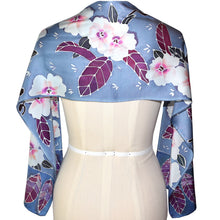 Load image into Gallery viewer, One of a Kind Handpainted Floral on Blue Gray and Plum Charmeuse Silk Scarf