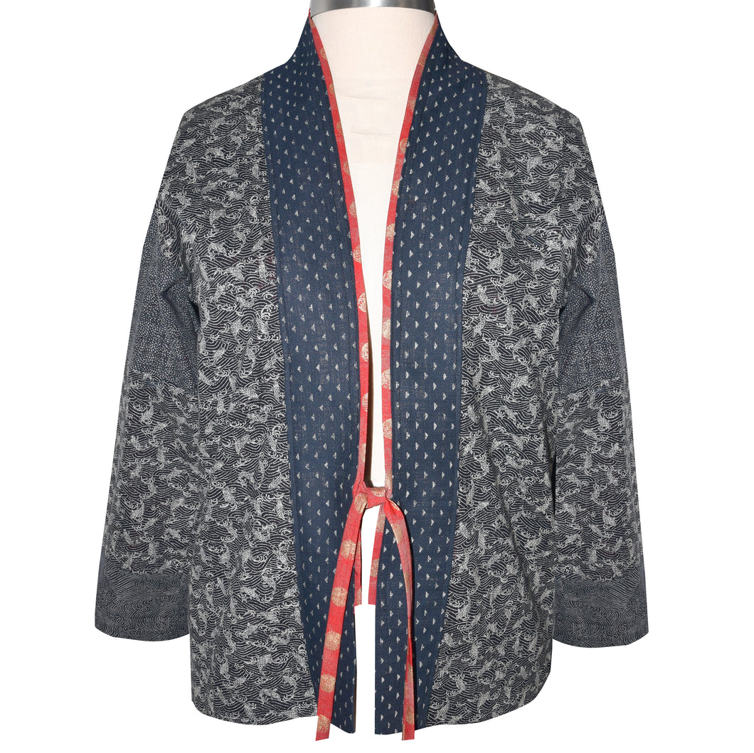 One of a Kind Indigo Cotton Kimono Jacket with Contrast Neckband