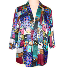 Load image into Gallery viewer, Gorgeous Silk Charmeuse Kimono Jacket in Geometric Printed Multicolor Pattern