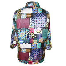 Load image into Gallery viewer, Gorgeous Silk Charmeuse Kimono Jacket in Geometric Printed Multicolor Pattern
