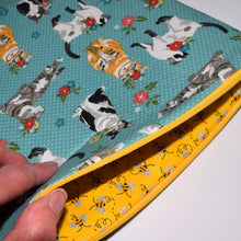 Load image into Gallery viewer, Cats Print Yellow Zippered Lined Cotton Sleeve with Red Koi Zipper Pull