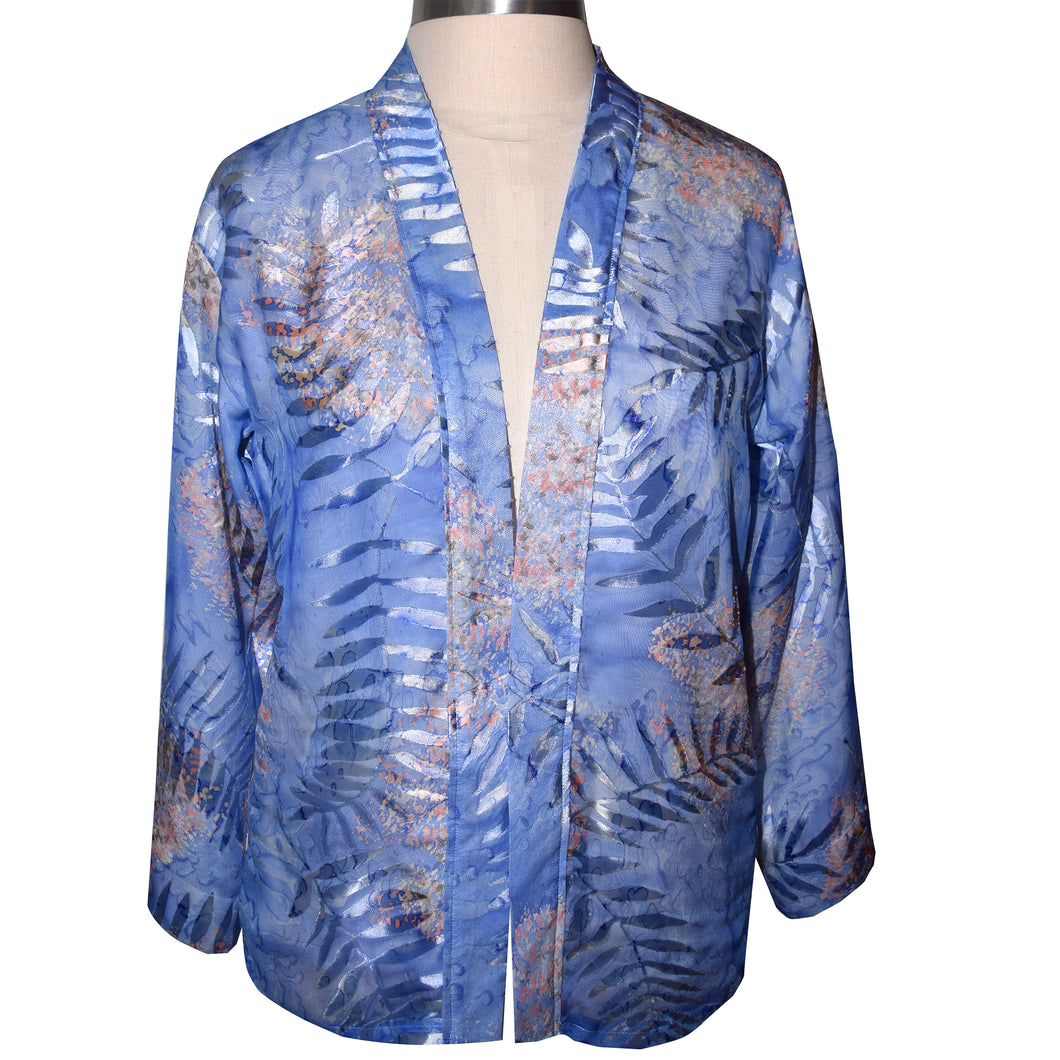 Exquisite Fern Blue Pink Sheer Silk Devore Kimono Jacket