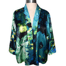 Load image into Gallery viewer, Beautiful Floral Fusion Printed Charmeuse Silk Kimono Jacket in Blue/Green/Yellow Print
