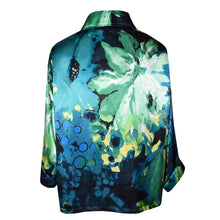 Load image into Gallery viewer, Beautiful Floral Fusion Printed Charmeuse Silk Kimono Jacket in Blue/Green/Yellow Print

