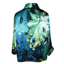 Load image into Gallery viewer, Beautiful Floral Fusion Printed Charmeuse Silk Kimono Jacket in Blue/Green/Yellow Print