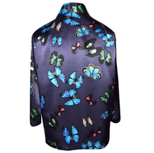Load image into Gallery viewer, Luxurious Multicolor Butterfly Print on Black Charmeuse Silk Kimono Jacket