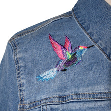Load image into Gallery viewer, Embroidered Hummingbird Blue Denim Stretch Jacket LG