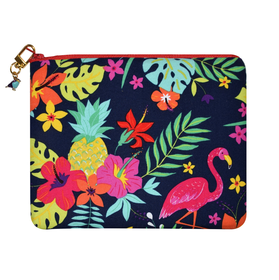 Zippered Bag with Flamingo Floral Print and Bird Zipper Pull