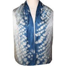 Load image into Gallery viewer, Gorgeous One of a Kind Shibori Indigo Hand Dyed Charmeuse Silk Scarf
