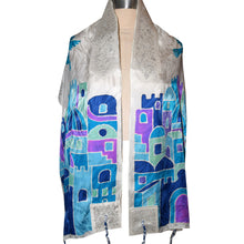 Load image into Gallery viewer, Turquoise and Blue Jerusalem Hand Painted Tallit Prayer Shawl
