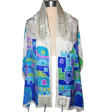 Load image into Gallery viewer, Jerusalem Celestial Blue, Green and Violine Handpainted Silk Tallit Prayer Shawl