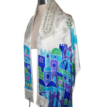 Load image into Gallery viewer, Jerusalem Celestial Blue, Green and Violine Handpainted Silk Tallit Prayer Shawl