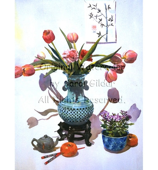 Celadon Vase with Tulips Watercolor