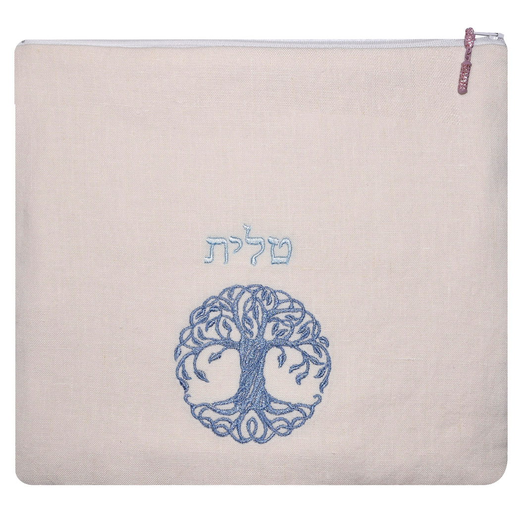 Serene Blue Tree of Life Embroidered Tallit Bag with Rhinestone Tassel