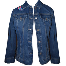 Load image into Gallery viewer, Embroidered Peacock Blue Denim Stretch Jacket SM
