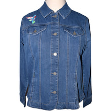 Load image into Gallery viewer, Stunning Peacock Embroidered Blue Denim Stretch Jacket L
