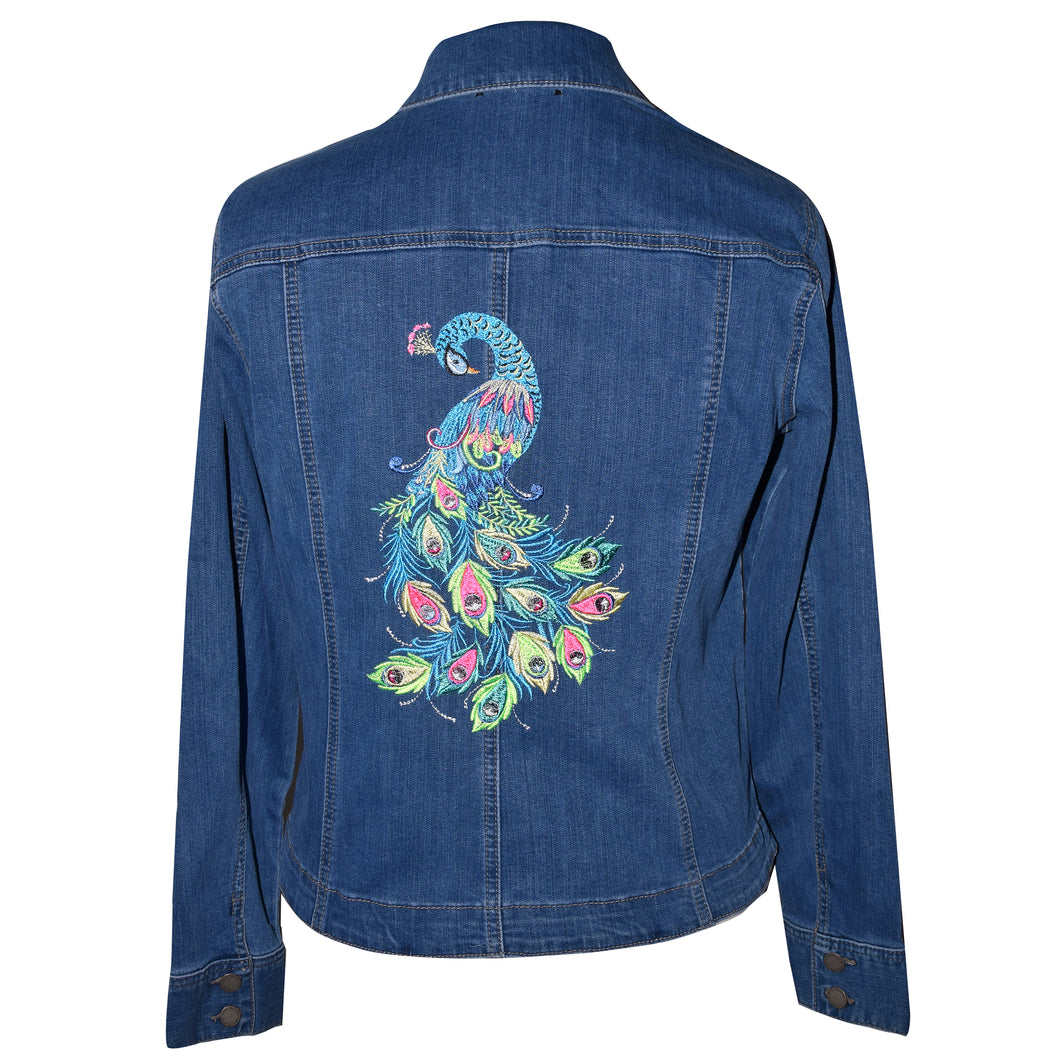 Stunning Peacock Embroidered Blue Denim Stretch Jacket L