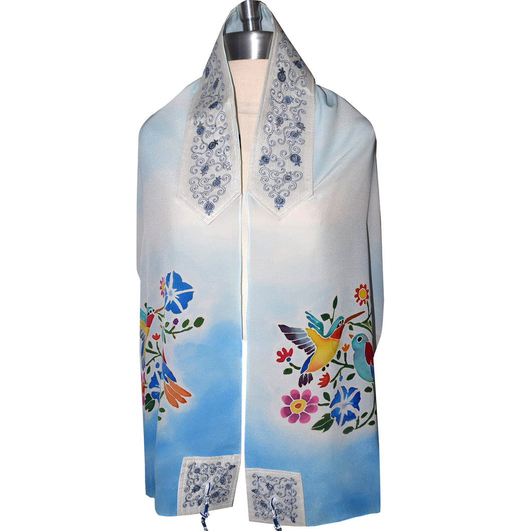Bird Floral Handpainted Silk Tallit Prayer Shaw